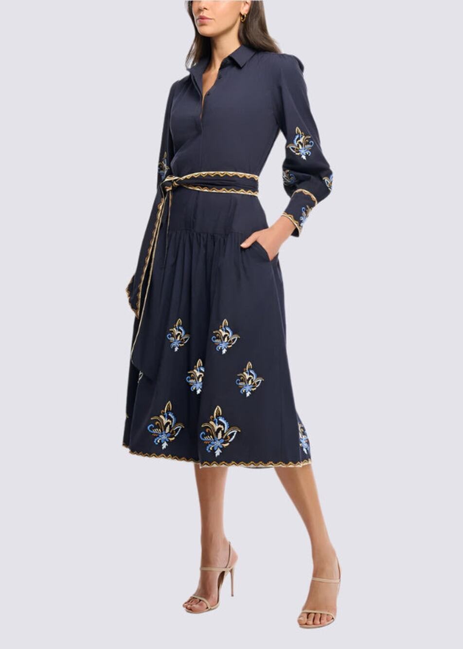 Shoshanna Women's 8 Navy Embroidered Cotton Shirtdress Belted Midi